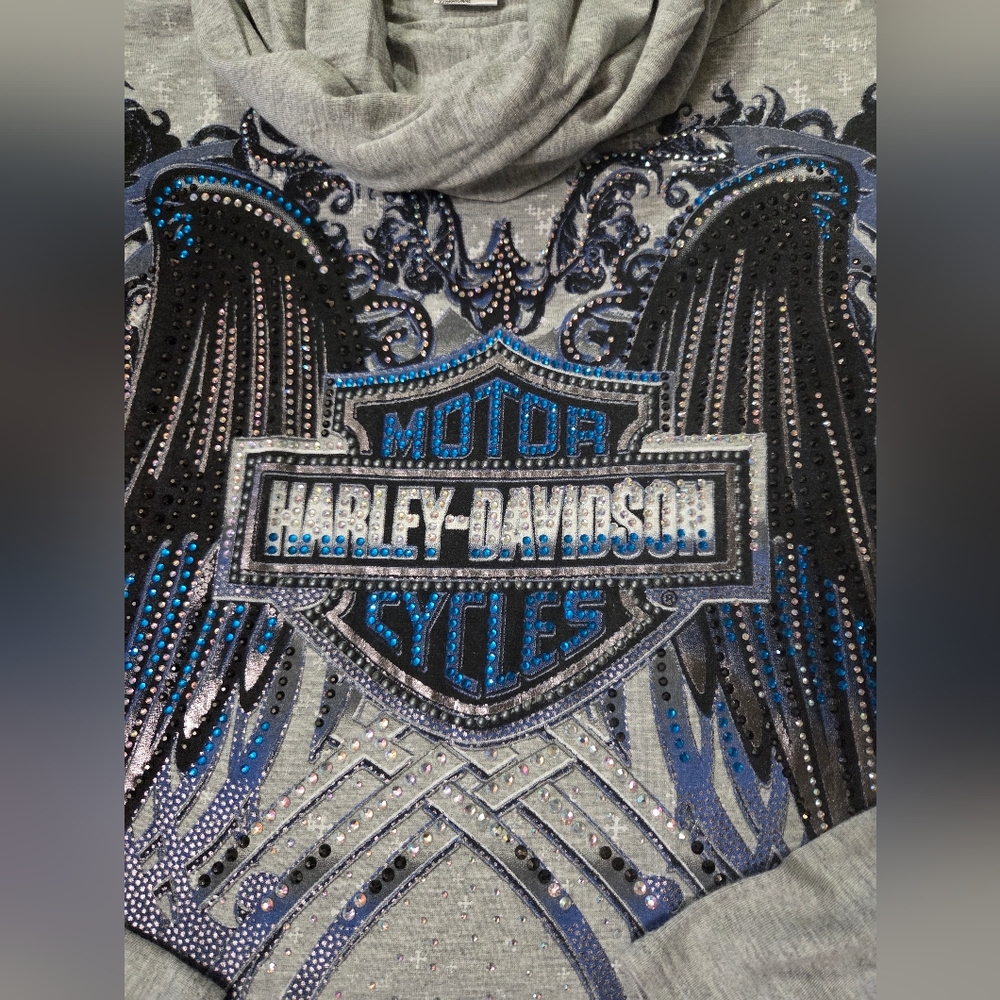 Harley-Davidson Tunic Length Rhinestone Cowl Neck Top Size Small - Picture 2 of 4